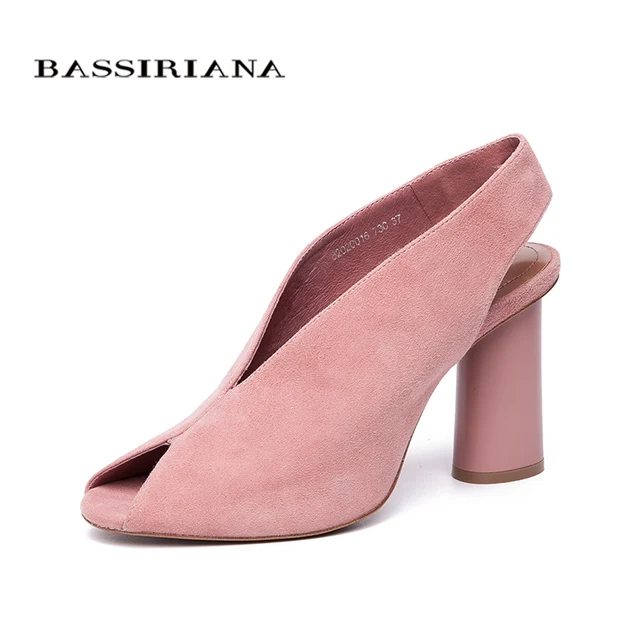BASSIRIANA 2018 genuine suede High Heels Shoes woman Office Dress Gladiator Sandals women slip-on summer pink Black size 35-40