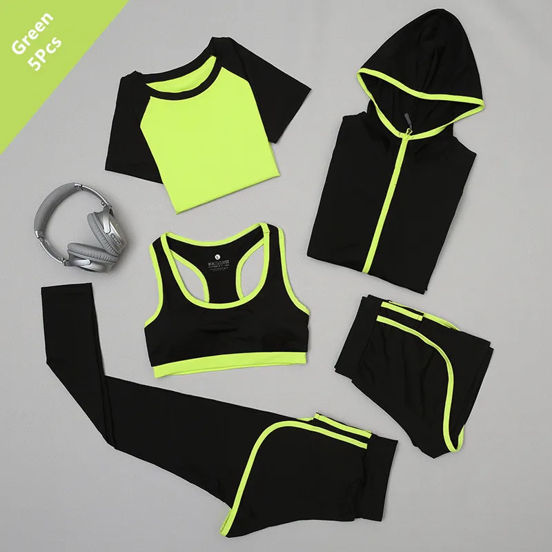 2018 5Pcs Women s Yoga Sets Legging font b Fitness b font Sport Tshirt Pants Running