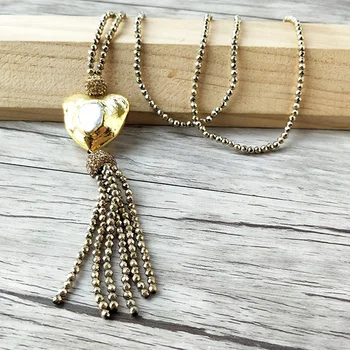 

5 Strands golden Hematite Necklace,with Natural pearl Pendant Pave Rhinestone Tassel long Necklaces For Women Jewelry NK421