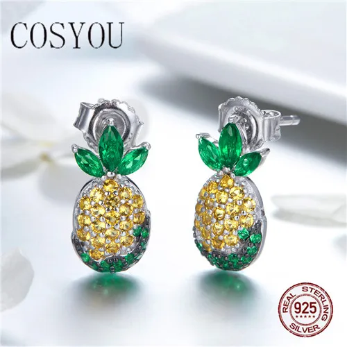 

COSYOU 2019 Summer Pineapple Stud Earrings for Women Colorful CZ Earrings Sterling 100% Authentic 925 Sterling Silver SCE530