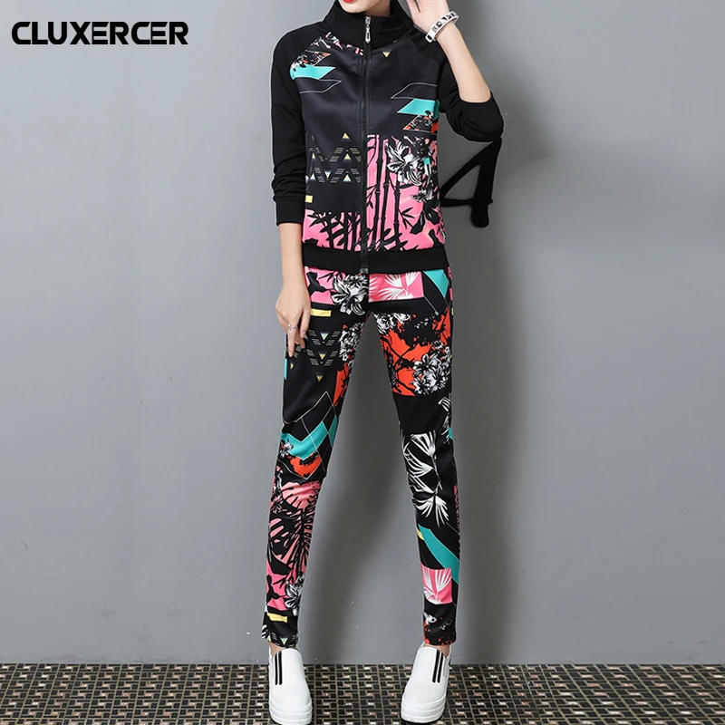 

Two Piece Set Spring and summer Zipper Jacket Top print flower Pants Fitness Outfit Casual Suits Women Tracksuit (gift t shirt)