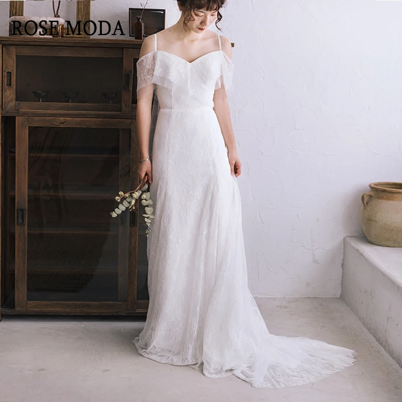

Rose Moda Off Shoulder Lace Boho Wedding Dress 2019 Real Photos