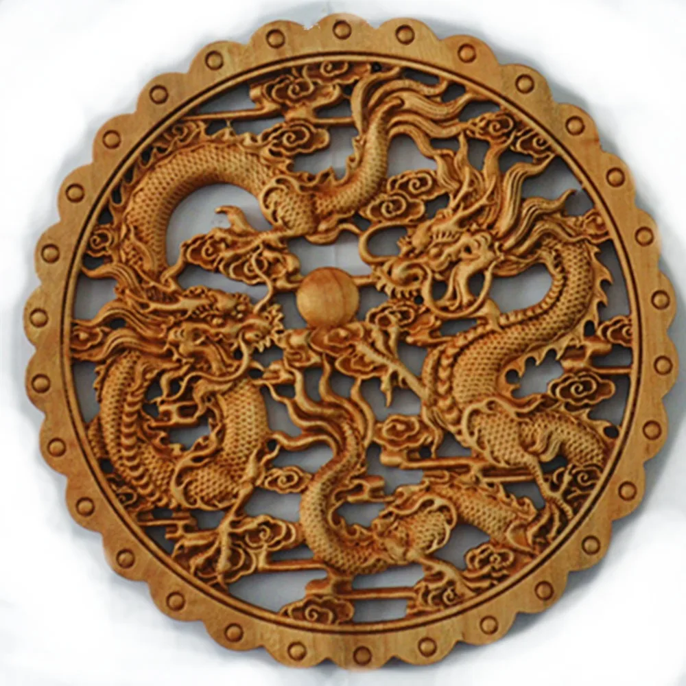

Shipping free TNUKK ART ! CHINESE HAND CARVED TWO DRAGON STATUE CAMPHOR WOOD PLATE WALL SCULPTURE 28x28CM