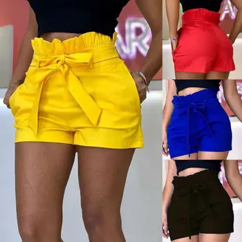 

2019 Summer Women Casual Candy Color Hot Shorts Belt Beach Harem Elastic High Waist Stylish Loose Short Trouser