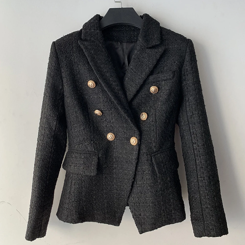 Высокая уличный стиль офисные пиджаки Для женщин 2019 Новый знаменитости чёрная нить твид двойные пуговицы Блейзер Куртка пальто женские