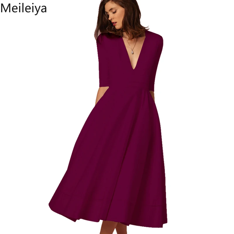 

Vintage Autumn Summer Dress Women New Casual Plus Size Elegant Ball Gown Fuchsia Dress Female Sexy V Neck Long Party Dresses 3XL