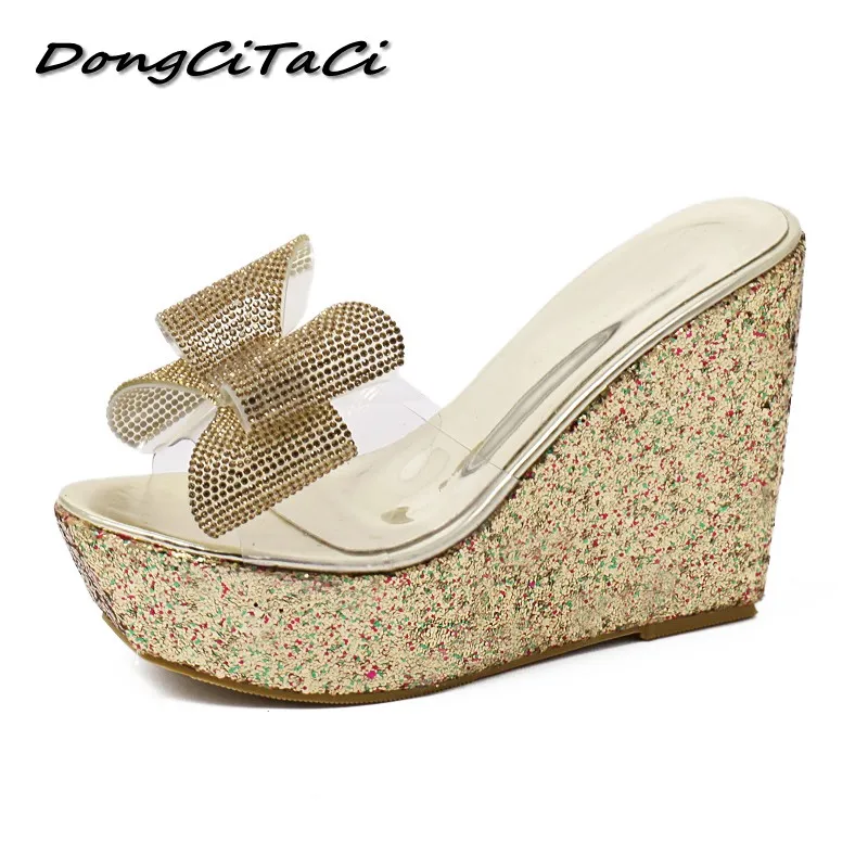 

DongCiTaCi Women Wedge Sandals Shoes Woman Casual Thick Bottom Platforms Crystal Bling Bow-tie High Heels Clear Sandals Slippers
