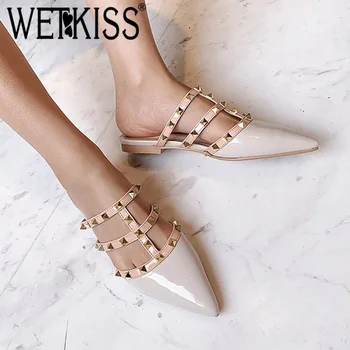 

WETKISS Studded Slippers Women Casual New Women Slides Shoes Summer Rivet Flat Shoes Female Patent Pu Pointed Toe Mules Shoes