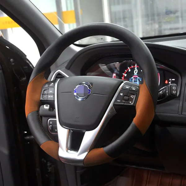 Блестящий пшеничный сшитый вручную черный чехол рулевого колеса автомобиля из натуральной кожи для Volvo S60 V40 V60 V70 XC60 - Название цвета: Black Brown Suede
