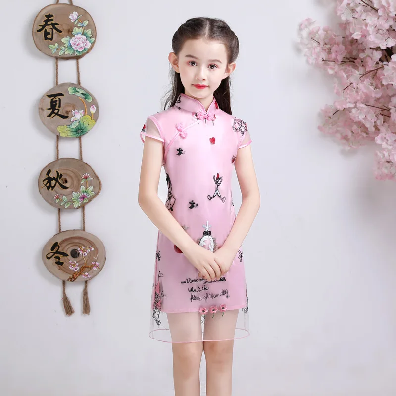 Розовый милая девушка Cheongsam винтаж с коротким рукавом деловая Qipao Детские шоу на сцене платья воротник стойка элегантный Hanfu платье принцессы