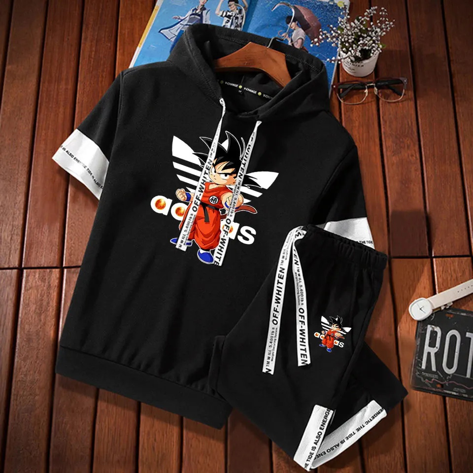 

Mens Hooded Hip Pop Short Sleeve Shirt Male Tee Cropped trousers Two-piece set ADI Homme Tops Tees Men Streetwear Solid Hoodies