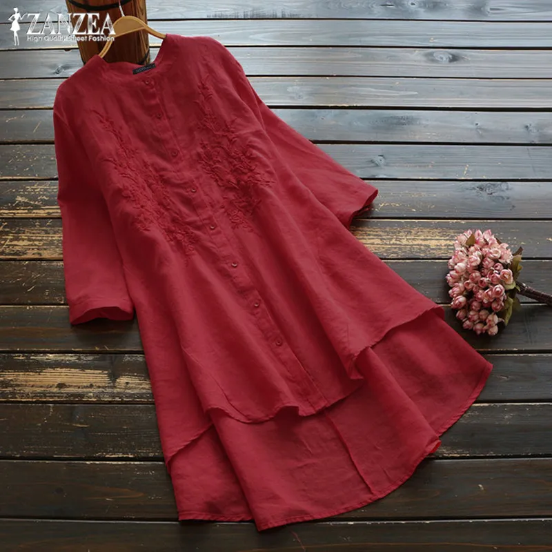2019 ZANZEA Осенняя рубашка Vestidos Женская блузка с вышивкой элегантная женская кнопка Нерегулярные Длинные Топы негабаритный мини халат S-5XL
