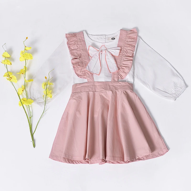 

New Autumn Baby Girl Long Sleeve Solid Pattern Cotton T-shirt Blouse Mini Strap Skirts Casual Outfits Set