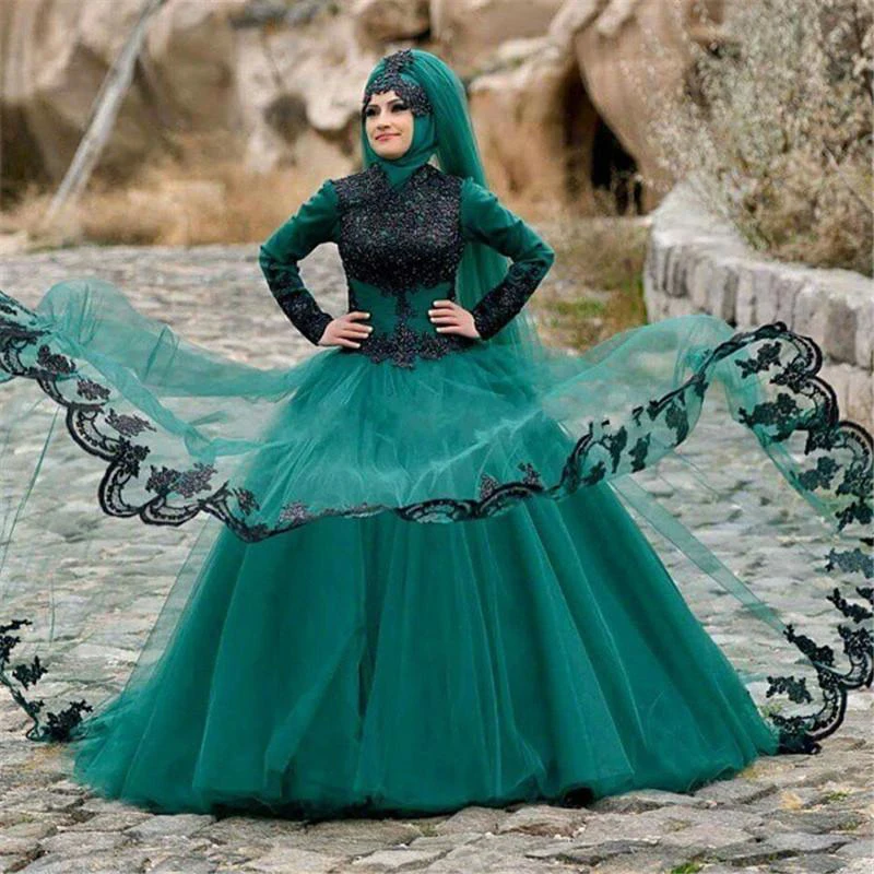 Turquoise Arabia Muslim Evening Dress with Long Sleeve Black Lace font b Hijab b font Ball