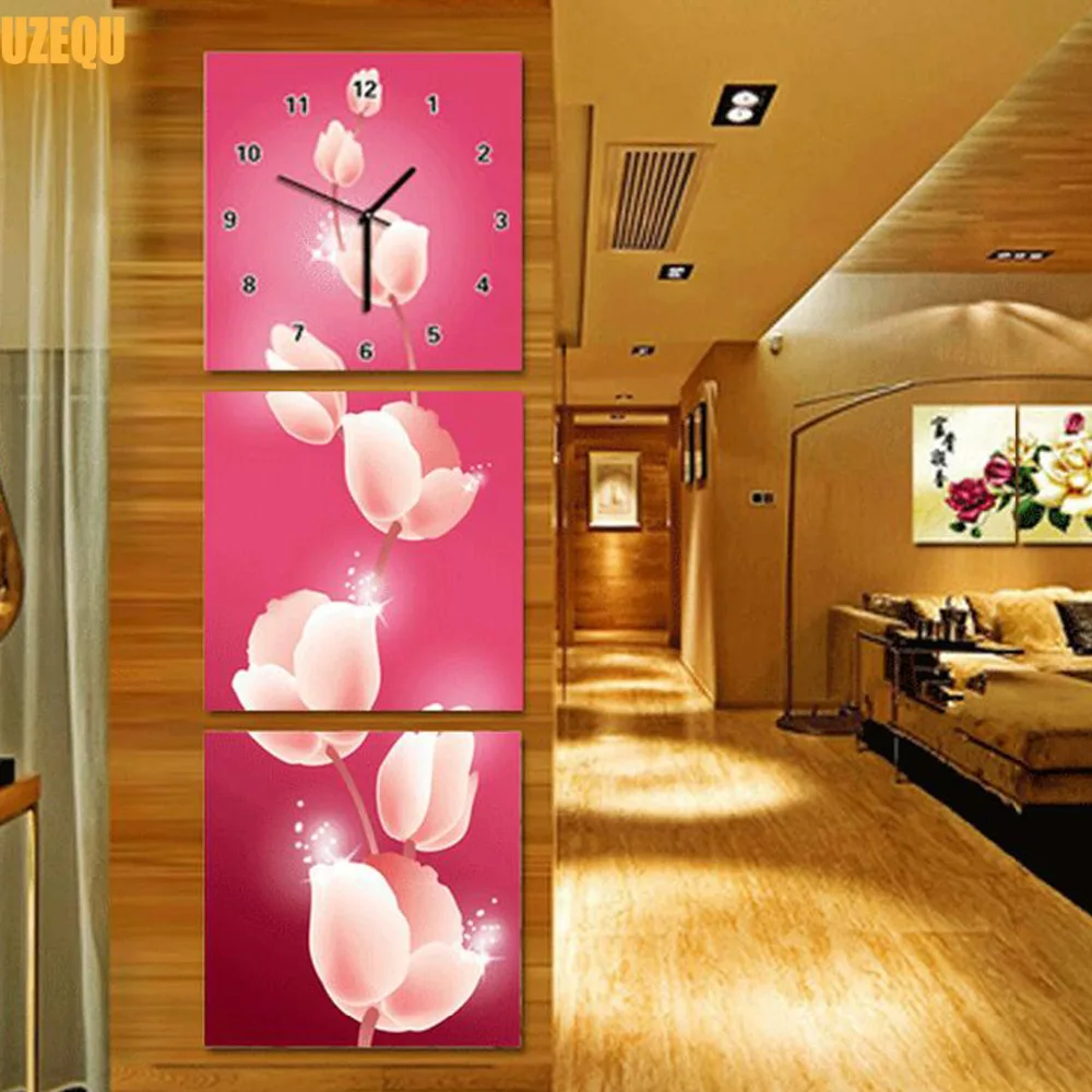 

UzeQu Triptych 5D DIY Wall Clock Diamond Painting Cross Stitch Dreamy Flower Diamond Embroidery Full Mosaic Painting Rhinestone