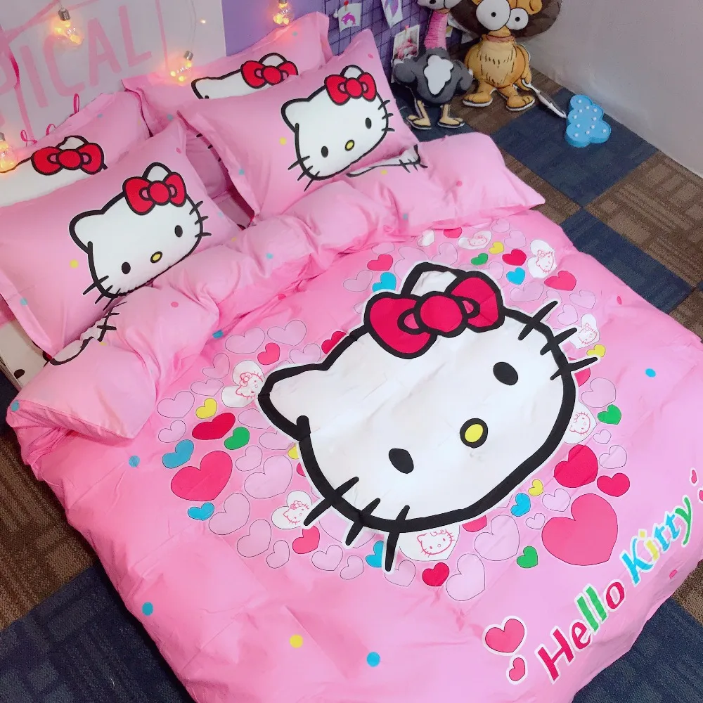 Рисунок «Hello Kitty» печатных Постельное белье для девочек/Дети Карамельный цвет хлопок пододеяльник плоский лист наволочка Twin queen king спальное место для кошки