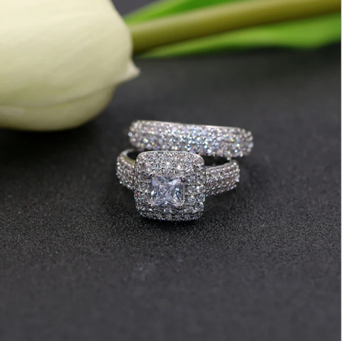 

Hot Selling Fashion Eternal Finger ring 5A zircon CZ 2 in 1 Engagement Wedding Band Rings For Women Men bijoux Gift