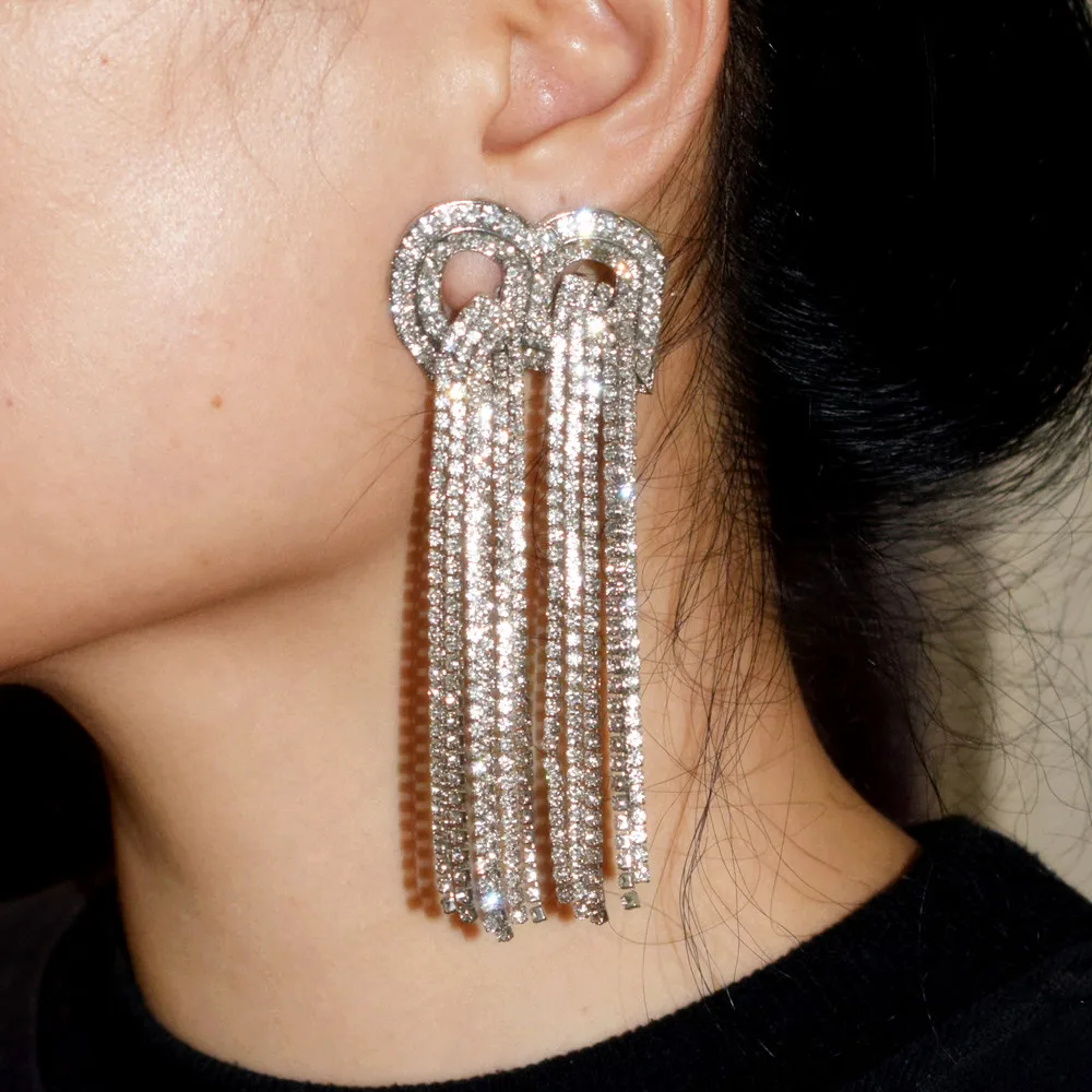 

Luxury Women Fashion Shiny Rhinestone Chain Dangle Earrings Jewelry Maxi Brand Show Statement Earrings Accessories