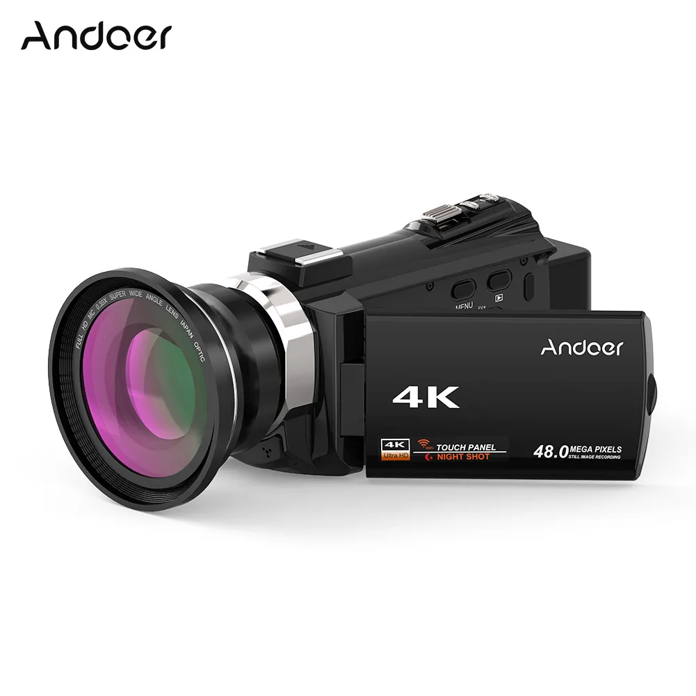 Andoer 4K 1080P 48MP WiFi цифровая видеокамера регистратор w/0.39X Широкоугольный макро объектив сенсорный экран камера ночного видения - Цвет: Черный