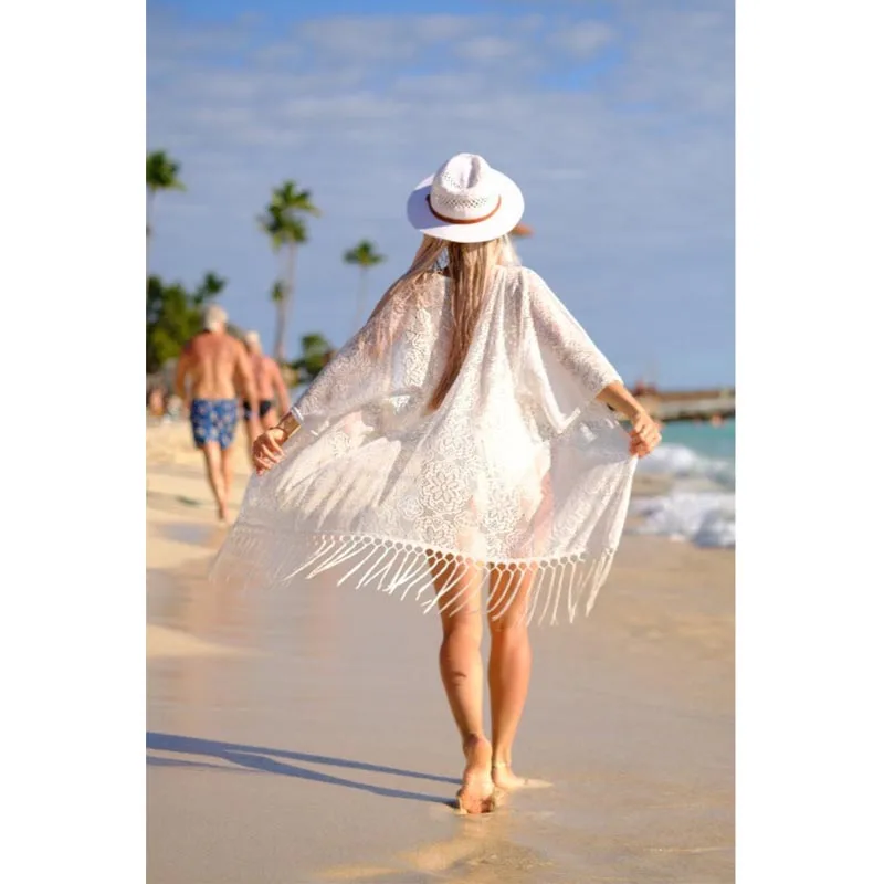 Boho Женщины бахрома кружева кимоно кардиган белые кисточки пляж накидка Топы Блузки damen bluze