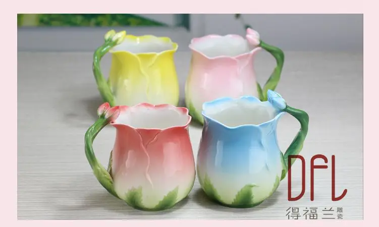 3D кружки в форме розы цвет эмаль фарфоровая чашка посуда для напитков цветок кофейные чашки креативные кружки керамические с ложкой кофе молоко чайные наборы