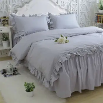 

Ruffle fairyfair pure gray bedding set,cotton twin full queen king,single double bedclothes pillow cases quilt cover bed dress