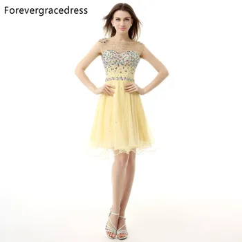 

Forevergracedress 2018 Yellow Backless Prom Dress Cap Sleeve Beaded Crystal Short Party Gown Plus Size Custom Made