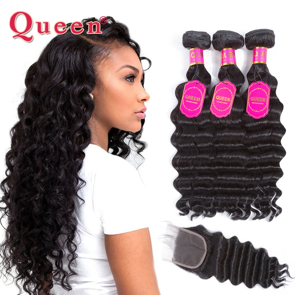 melhor Rainha Produtos para o Cabelo Solto Onda Profunda Brasileira Do Cabelo Weave Bundles Com Fechamento Brasileiro Virgem Feixes de Cabelo Humano Com Fecho