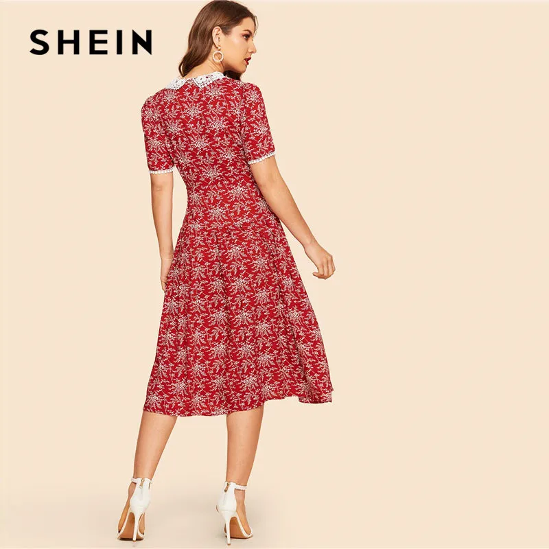 SHEIN 30s Приталенное Платье-Клёш С Поясом Кружевным Воротником И Графическим Принтом Женское Летнее Красное Классическое Платье С Короткими Рукавами