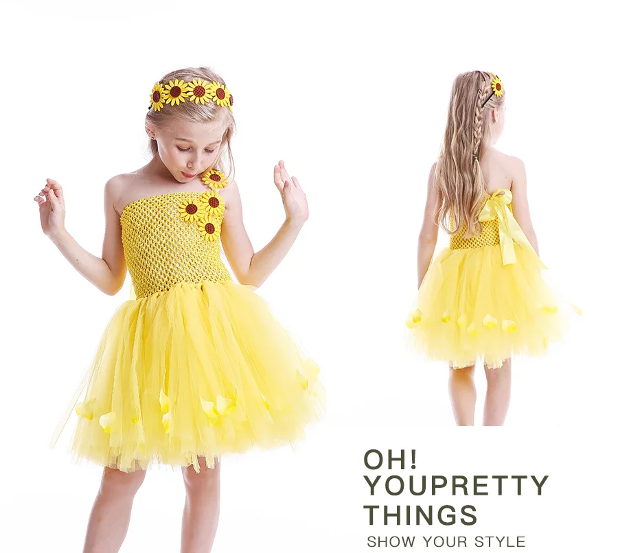 Sunflower Girls Tutu Dress with Headband Petals Embellished Princess Tulle Dress Children Birthday Party Performance Clothes (8)