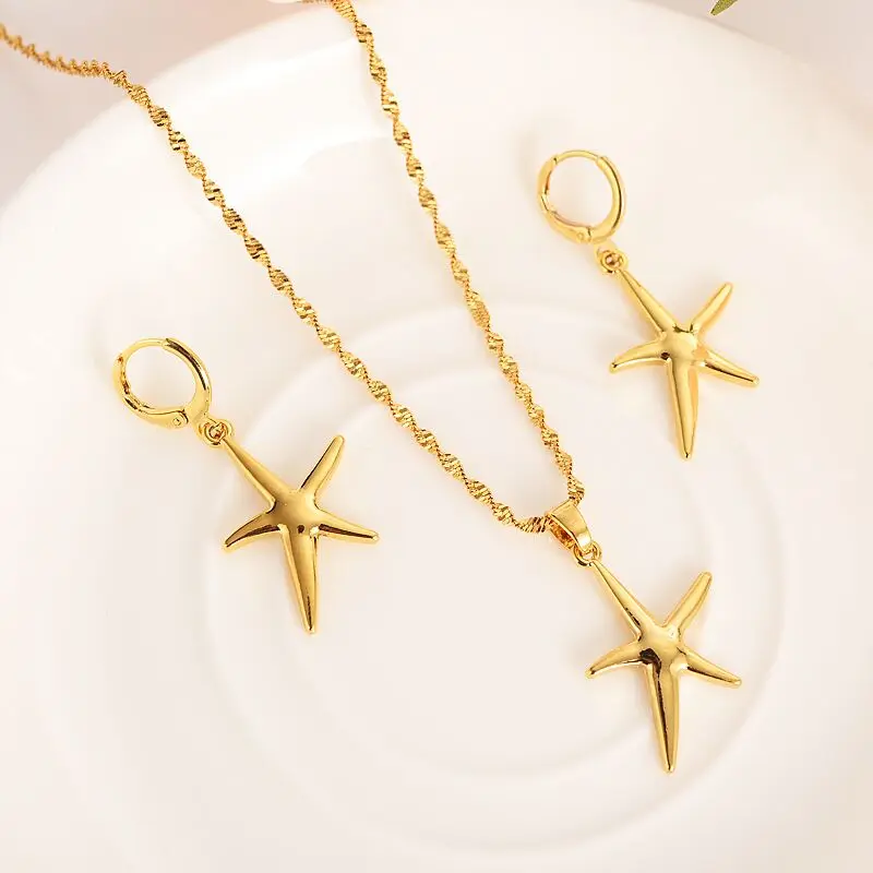 

Solid Gold Filled starfish Pendant Necklace earrings animal jewelry for Women Papua New Guinea Traditional party Jewelry Gift