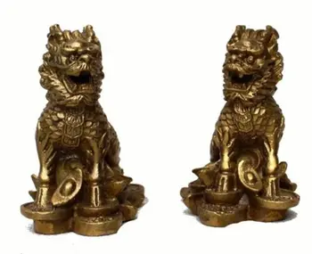 

Chinese Fengshui Brass animal Door Kylin Qi-lin Qilin wealth Statue Pair