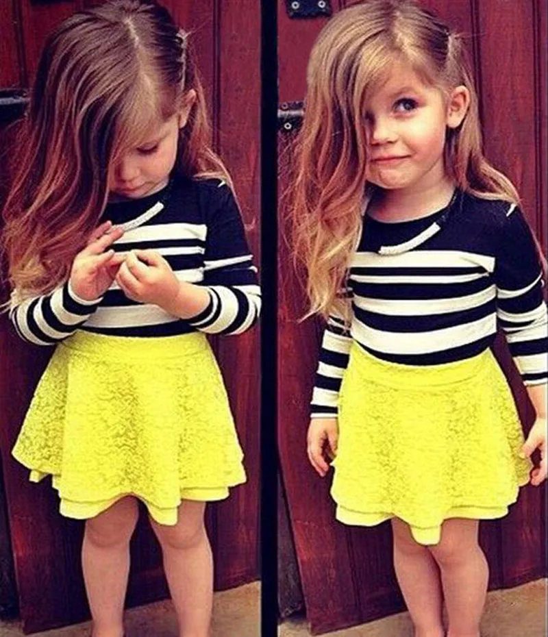 children girls boutique clothing sets autumn kids clothes Long Sleeve black white Stripe Top+yellow lace tutu short Skirt DY125A