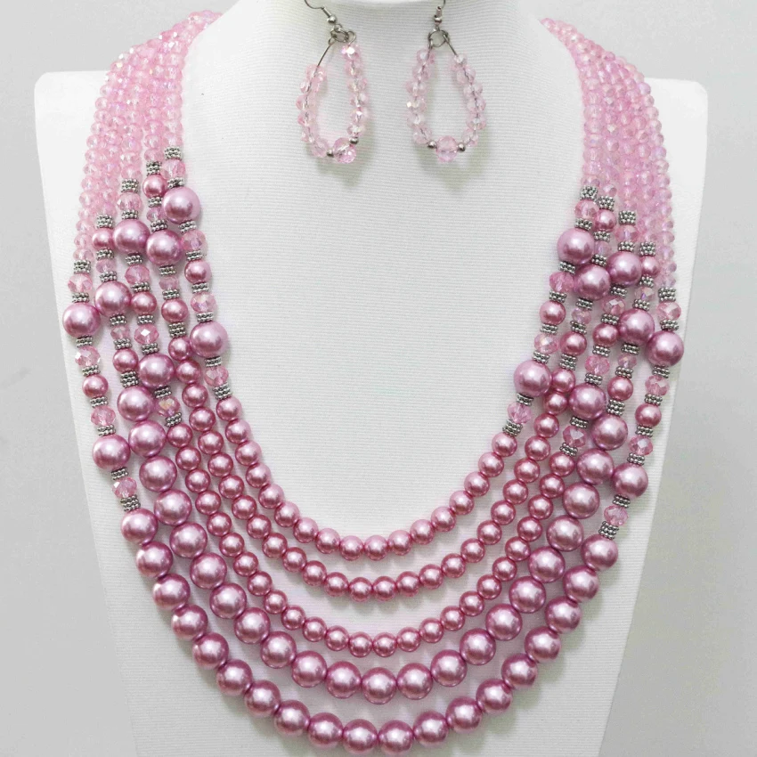High quality pink simulated-shell glass crystal beads diy 5 rows necklace earrings for weddings party gifts jewelry set B983-12