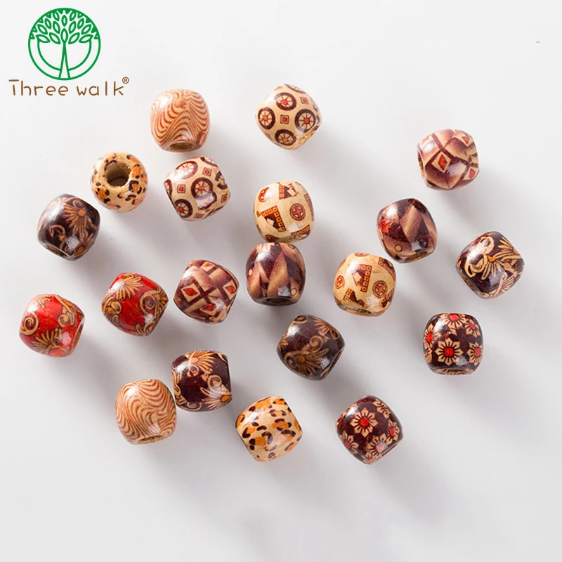 

200pcs 11*12mm Large Hole Wood Beads Printing Flower Beads For Jewelry Making DIY Mixed design