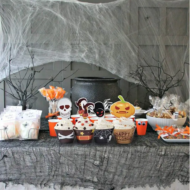 48pcs Halloween Party Cake Decoration Wraps And Cupcake Topper Paper Cartoon Halloween Cake Accessories Fancy Dress Party A3