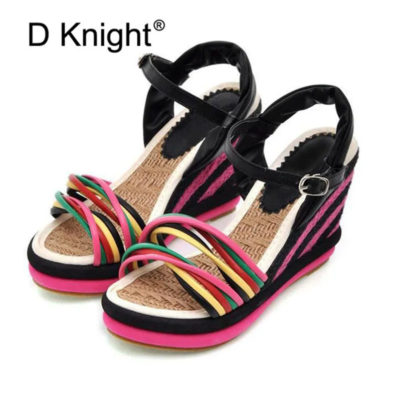 Gladiator Sandals Women 2018 Summer Bohemia Color Block Women Wedges Sandals Straw Braid Platform Wedge High Heel Women Sandals  (11)