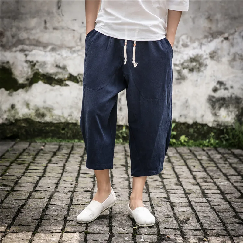 Льняные укороченные брюки мужские летние новые хлопковые и льняные повседневные брюки свободные большого размера толстый брюки - Цвет: Синий