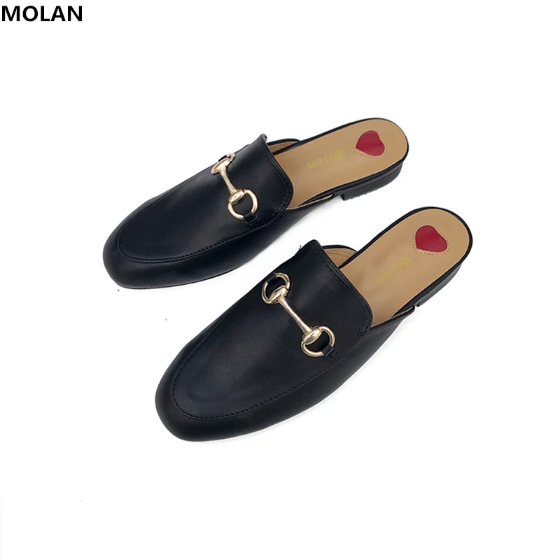 

MOLAN Brand Designers 2018 Fashion Metal Chain Woman Flat Leather Slides Comfortable Slip On Slippers Loafers Flip Flops 35-41