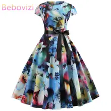 Bebovisi, женское, лето, стиль, короткий, размера плюс, элегантное, Vestidos, Ретро стиль, цветочный принт, повседневное, офисное, ТРАПЕЦИЕВИДНОЕ, Бандажное платье