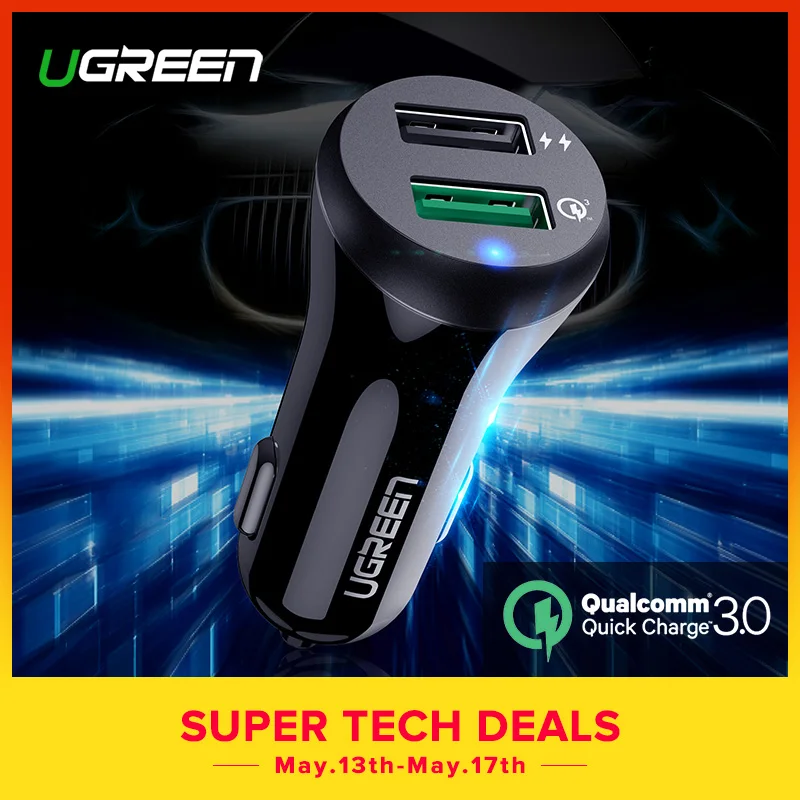 Ugreen Car Charger Quick Charge 3.0 USB Fast Charger for Xiaomi mi 9 iPhone X Xr 8 Huawei Samsung S9 S8 QC 3.0 USB Car Charger
