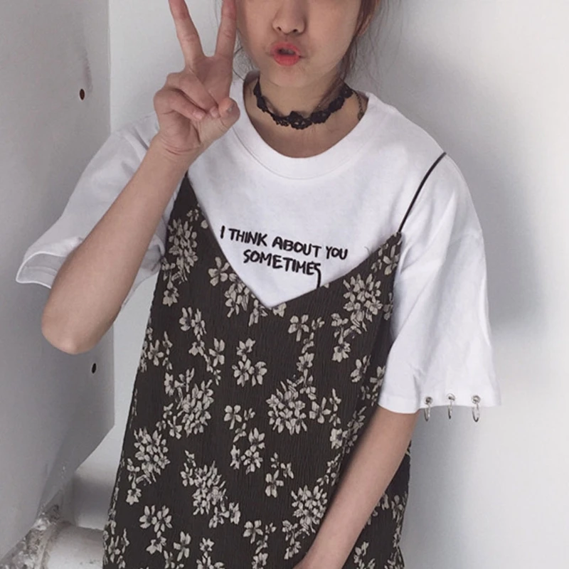 Модные летние топы для девочек в Корейском стиле с вышивкой Ulzzang Harajuku, женские повседневные рубашки с круглым вырезом и коротким рукавом