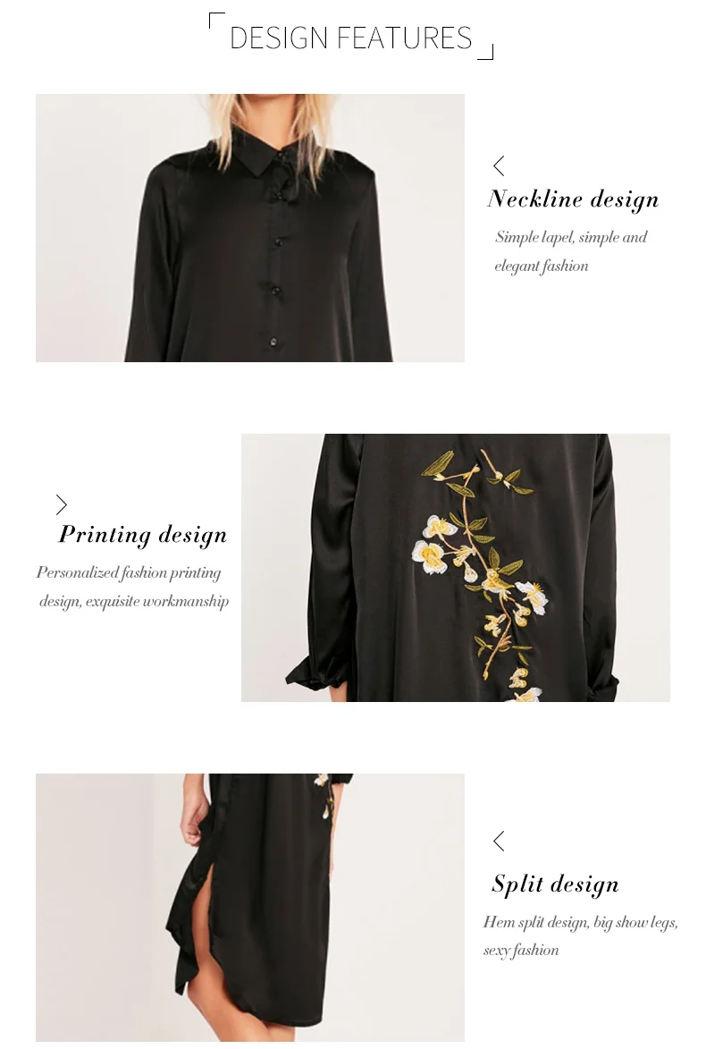 HDY Haoduoyi Women Black Embroidery Shirt Dress Casual Button Down Loose Fit Party Dress Long Sleeves Split Office Work Dress 17