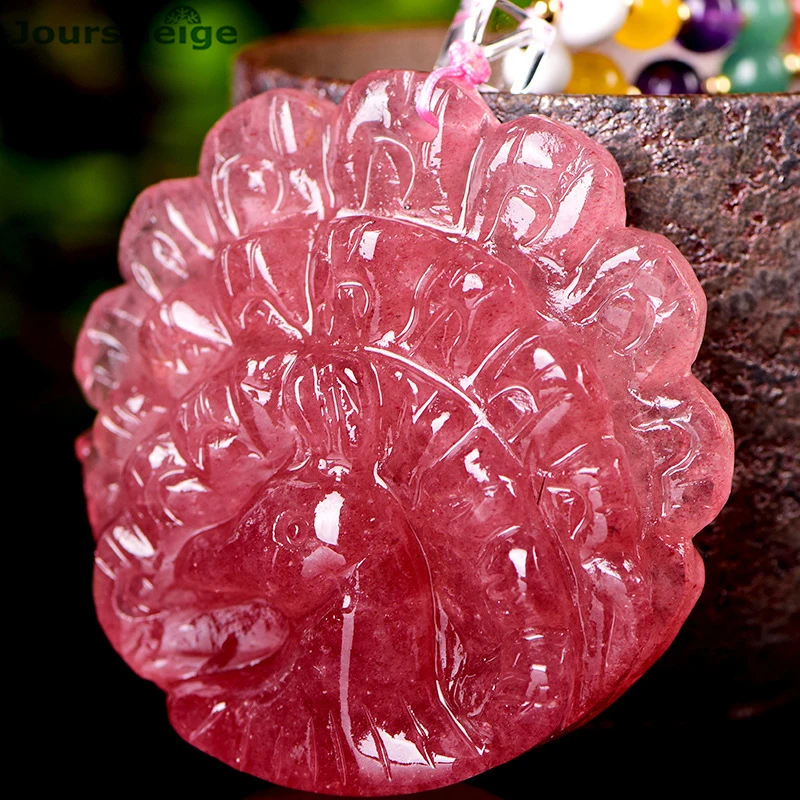 

Direct Sales Red Strawberry Natural Crystal Pendants Hand Carved Peacock Open Sweater Chain Necklace Lucky for Women Jewelry