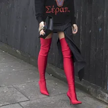 Hanbaidi Novo Trecho Da Coxa Botas De Cano Alto Mulher Dedo Apontado Fina Alta Sapatos de salto alto Mulher Sexy Rosa Roxo Preto Sobre As Botas Do Joelho