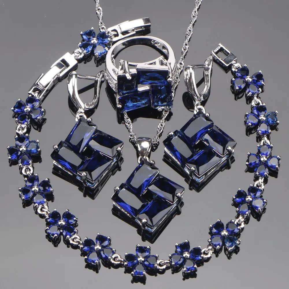 Синий Цирконий, Свадебные Ювелирные наборы для женщин, серебро 925, ювелирные изделия, свадебные серьги, браслет, кулон, кольца, ожерелье, набор, подарочная коробка