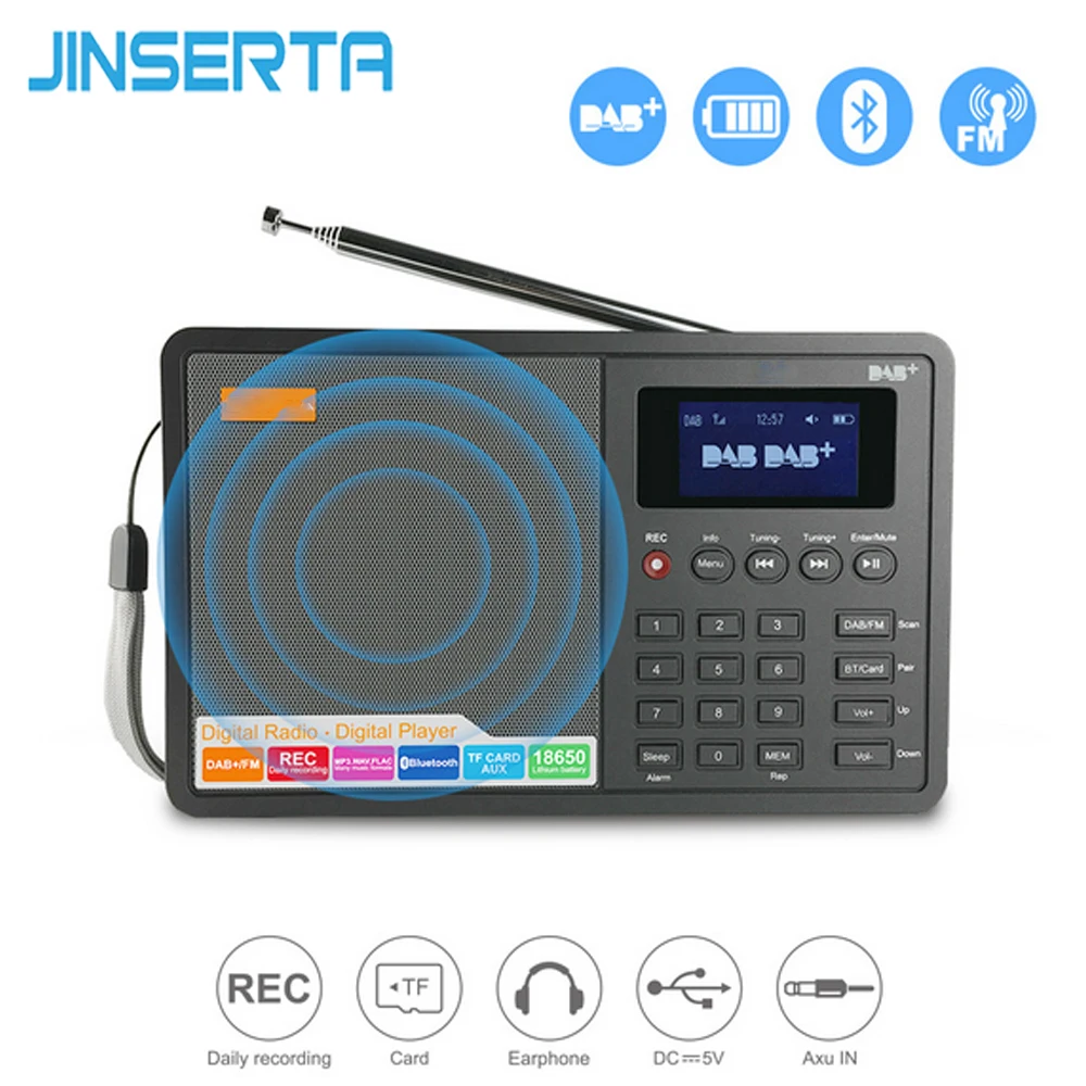 

JINSERTA Portable DAB+ Radio Mini FM Receiver 1.8" Dispaly Wireless Bluetooth Music Player Support Sleep and snooze Alarm Clock
