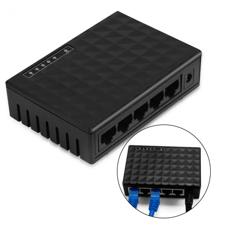 

10/100Mbps 5 Ports Fast Ethernet LAN RJ45 Vlan Network Switch + Charger US/EU Plug