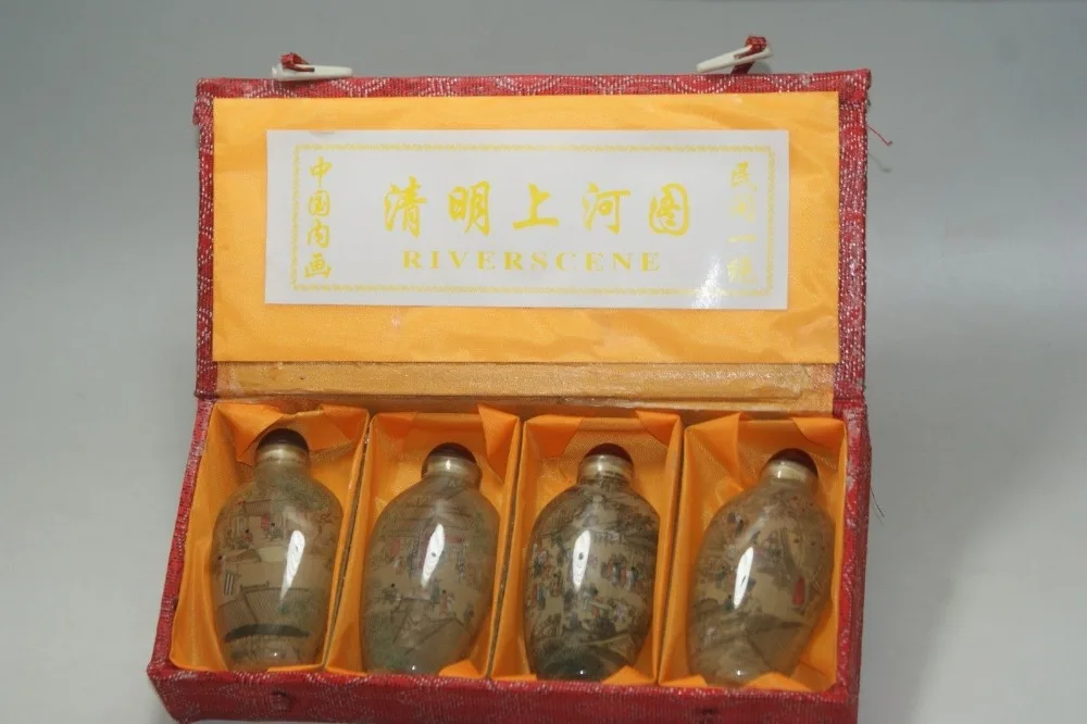 

Fine old Chinese Unique Painting snuff bottle inside painted four combinations Qing ming shan he tu