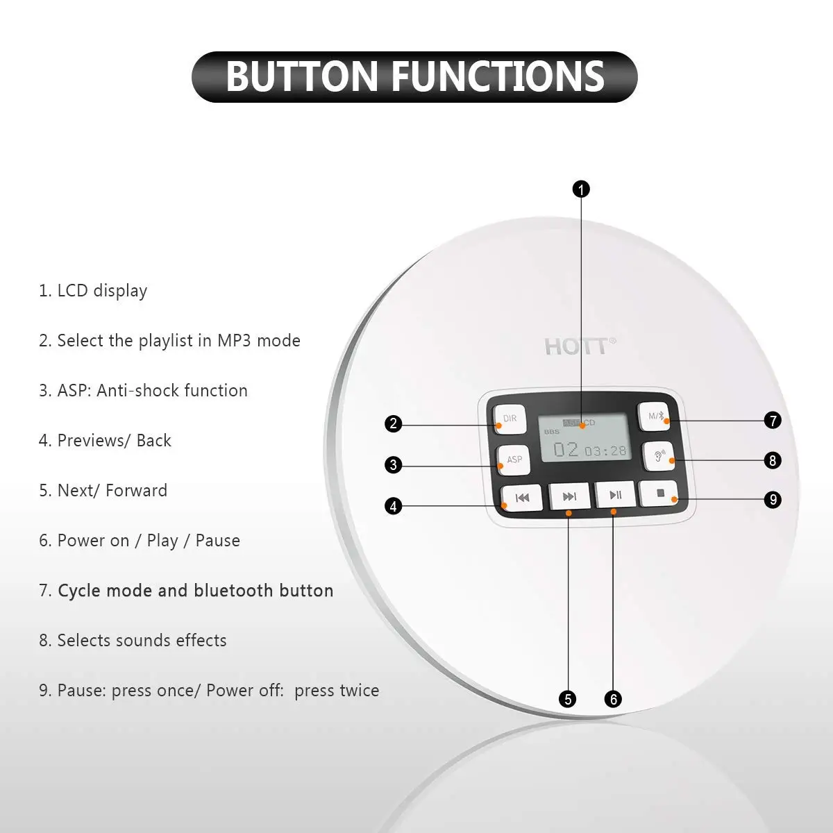 Портативный Bluetooth CD плеер HOTT CD611T со светодиодным дисплеем светодиодный